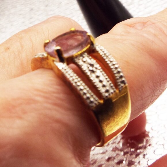 STERLING GOLD VERMEIL GRANULATED PINK CUSHION CUT CRYSTAL SIZE 8 RING 56 - Picture 3 of 3